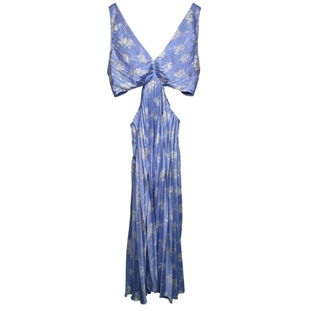 Abercrombie Giselle Pleated Cutout Maxi Dress XXL Tall Blue Floral Romantic NWT